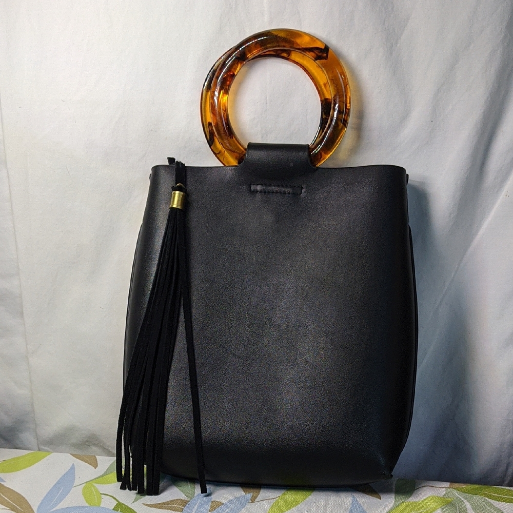 Anthropologie Vegan Leather Handbag Convertible To Crossbody, Faux Suede Tassel